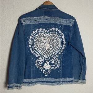 90s Denim Jean Jacket Embellished Heart Design White Fringe Valentines Pockets
